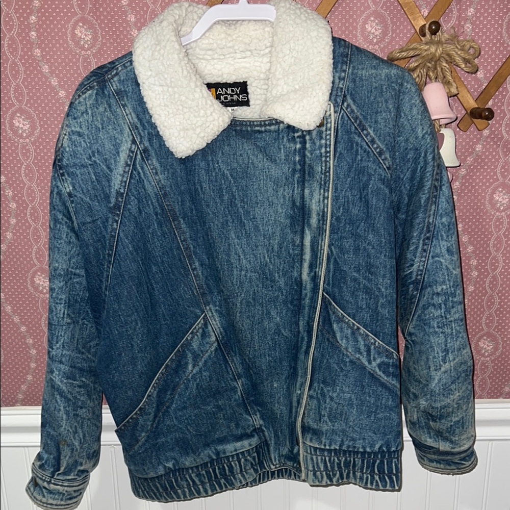 Andy Johns Blue Denim Jacket with White Sherpa Collar